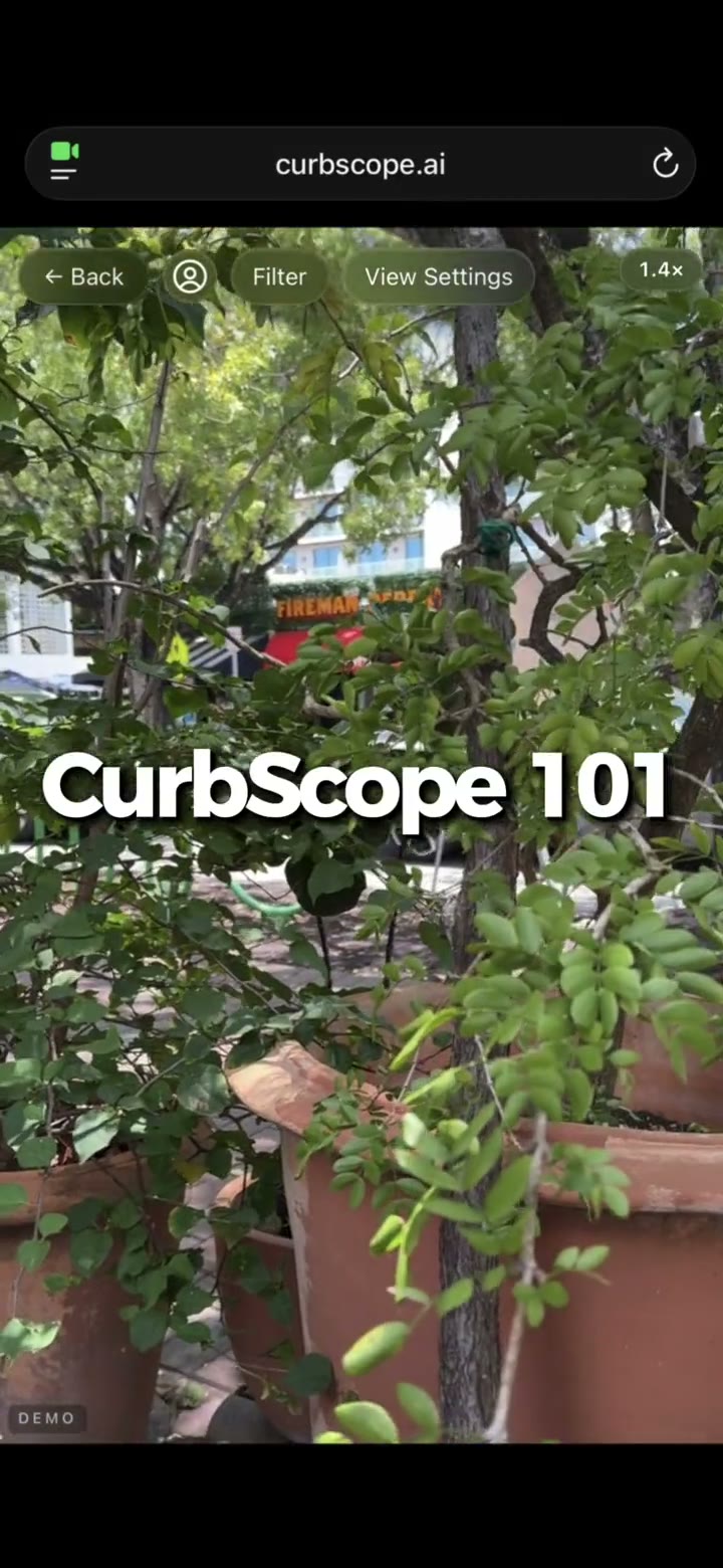 CurbScope's camera view: live property cards floating over real Miami homes
